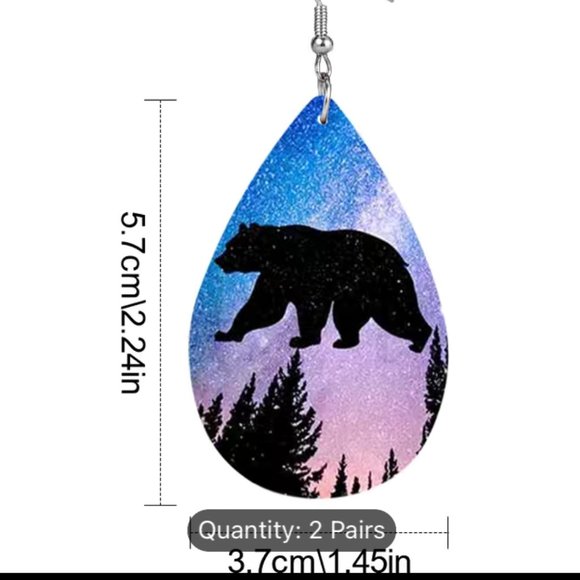 Grizzly Bear Faux Leather Earrings Blue and Lavender Dusk with Trees Silhouetted - Picture 2 of 2